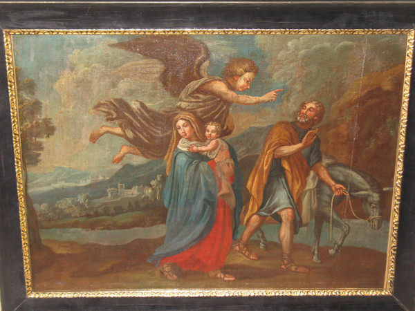 The Flight into Egypt oil on canvas after Nicolas Poussin large religious painting 17th century