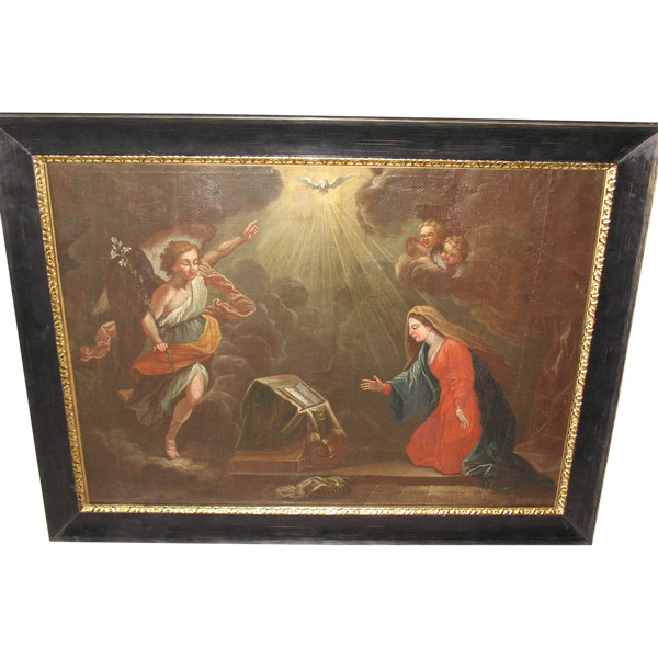 L'annonciation huile sur toile école italienne grand tableau religieux époque 17ème