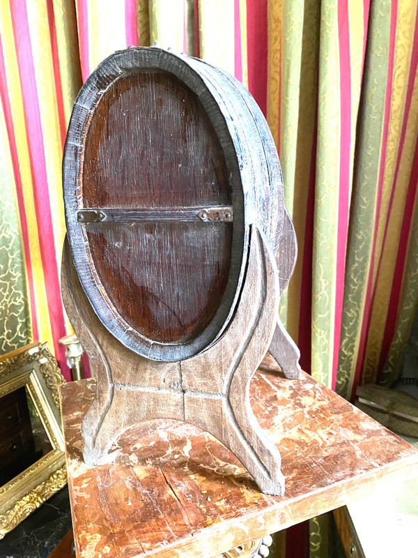 Oak vinegar table barrel from the end of the 19th century on its lightning-shaped tripod