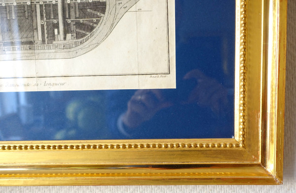 Engraving cutting of Royal Navy vessels - plate from the Encyclopédie 18th century gilded wood frame