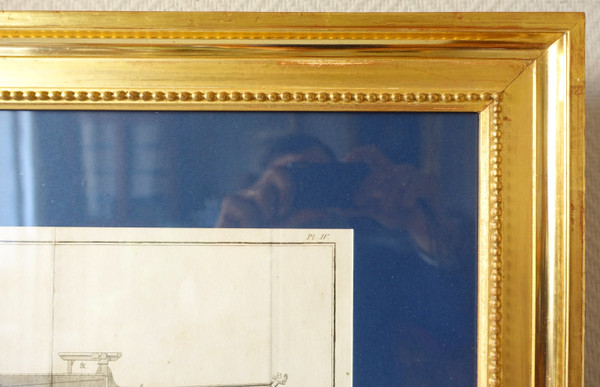 Engraving cutting of Royal Navy vessels - plate from the Encyclopédie 18th century gilded wood frame
