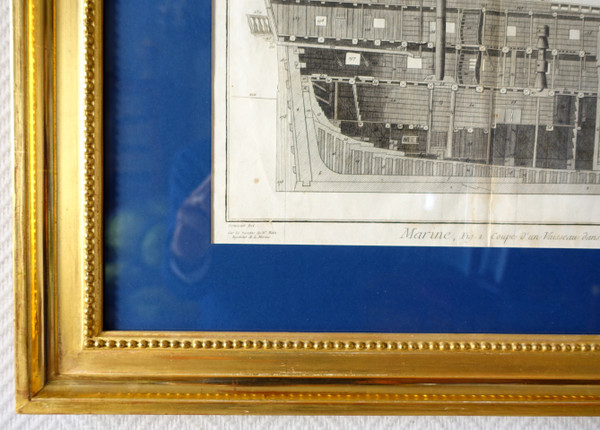 Engraving cutting of Royal Navy vessels - plate from the Encyclopédie 18th century gilded wood frame