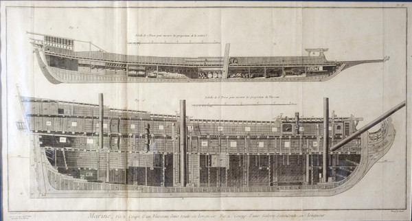 Engraving cutting of Royal Navy vessels - plate from the Encyclopédie 18th century gilded wood frame