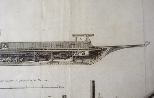 Engraving cutting of Royal Navy vessels - plate from the Encyclopédie 18th century gilded wood frame