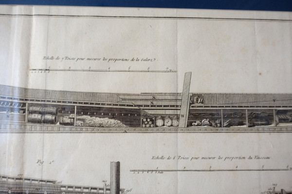 Engraving cutting of Royal Navy vessels - plate from the Encyclopédie 18th century gilded wood frame