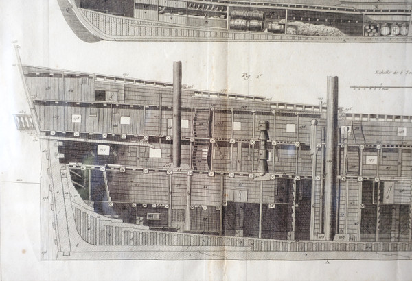 Engraving cutting of Royal Navy vessels - plate from the Encyclopédie 18th century gilded wood frame