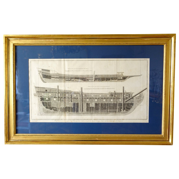Engraving cutting of Royal Navy vessels - plate from the Encyclopédie 18th century gilded wood frame