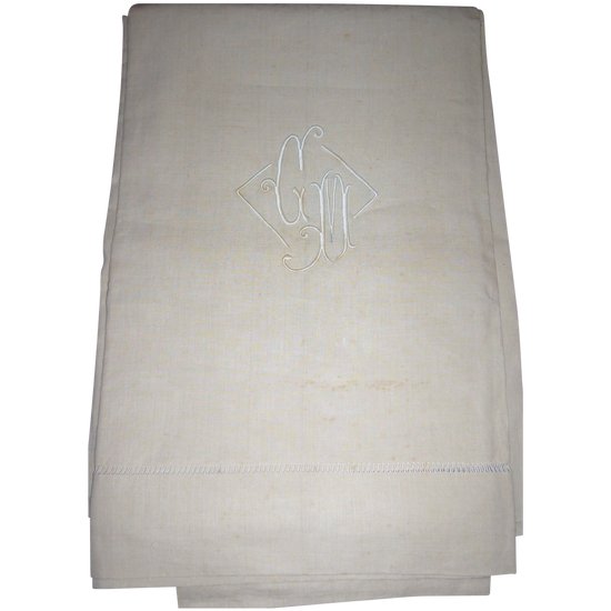 Drap ancien brodé en lin monogrammé