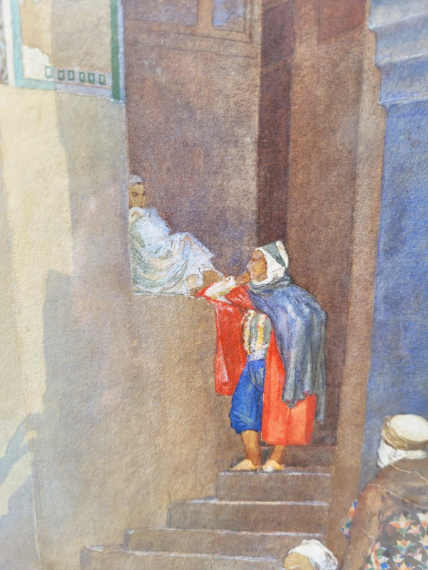 Ruelle Animée, Aquarelle Orientaliste Encadrée, Fin XIXème Siècle Début XXème Siècle
