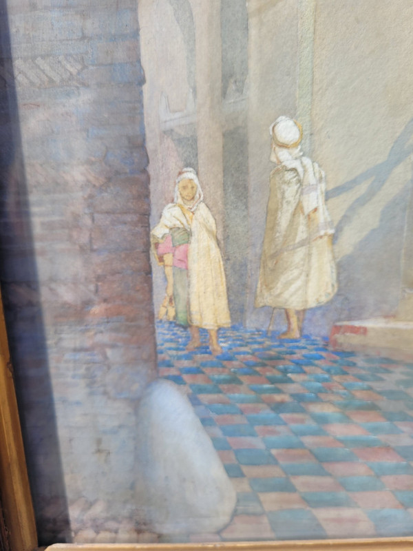 Ruelle Animée, Aquarelle Orientaliste Encadrée, Fin XIXème Siècle Début XXème Siècle