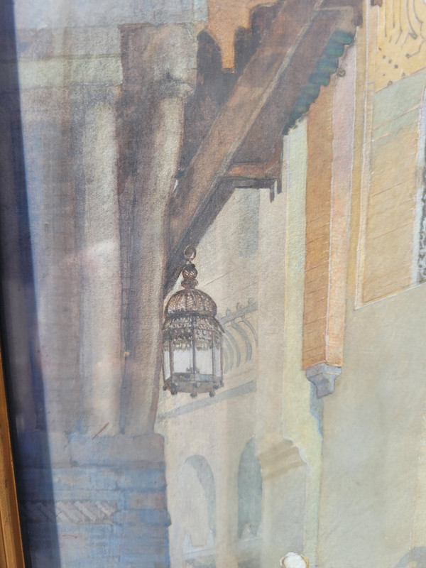 Ruelle Animée, Aquarelle Orientaliste Encadrée, Fin XIXème Siècle Début XXème Siècle