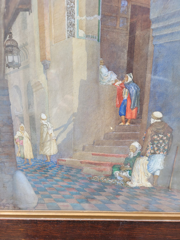 Ruelle Animée, Aquarelle Orientaliste Encadrée, Fin XIXème Siècle Début XXème Siècle