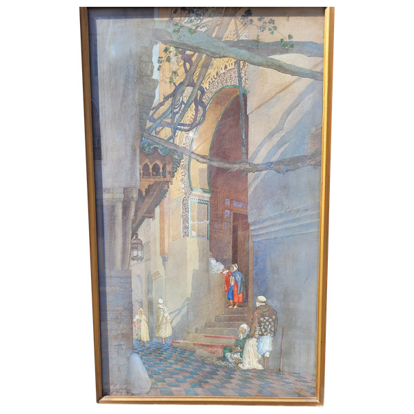 Ruelle Animée, Aquarelle Orientaliste Encadrée, Fin XIXème Siècle Début XXème Siècle