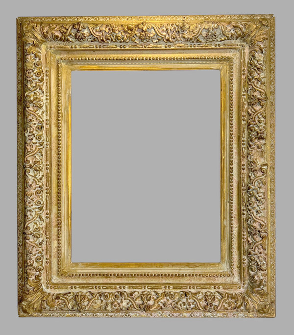 CADRE ANCIEN NAPOLEON III EN BOIS SCULPTÉ ET PATINÉ POUR PEINTURE 43,5 cm x 34 cm