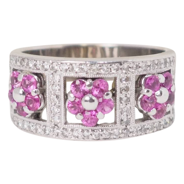 Anello a fascia in oro bianco, topazio rosa e diamanti