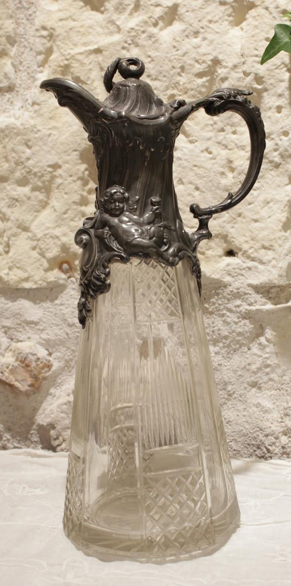 Cut crystal ewer and putti pewter mount circa 1900