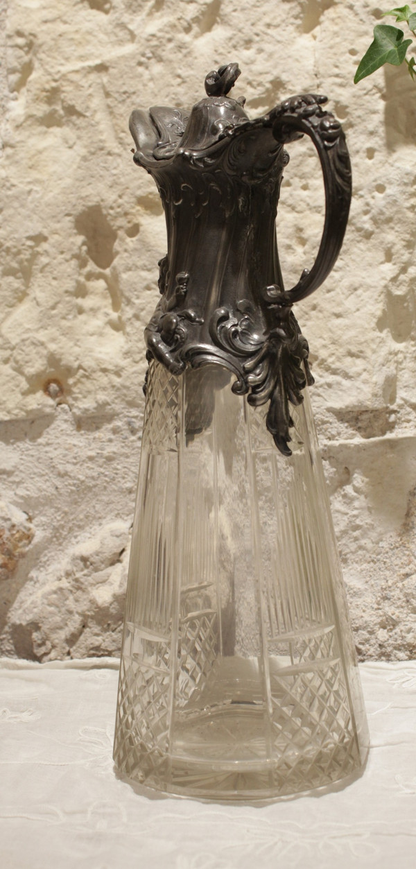 Cut crystal ewer and putti pewter mount circa 1900