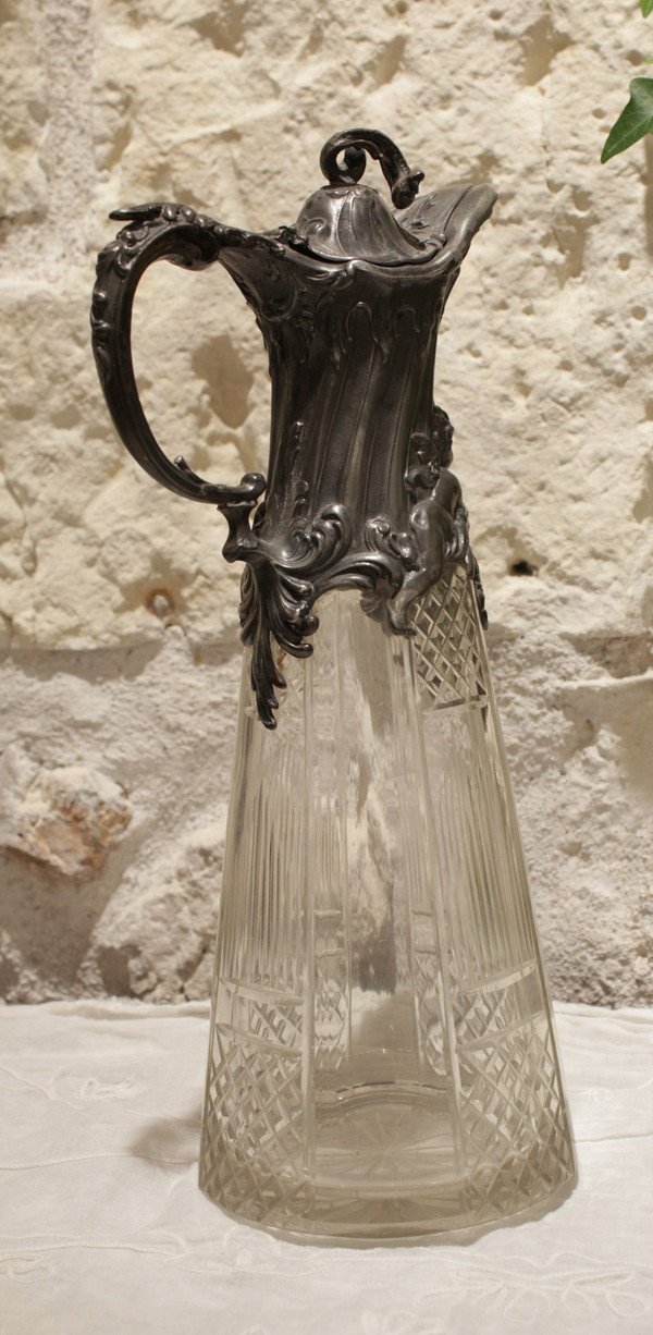 Cut crystal ewer and putti pewter mount circa 1900