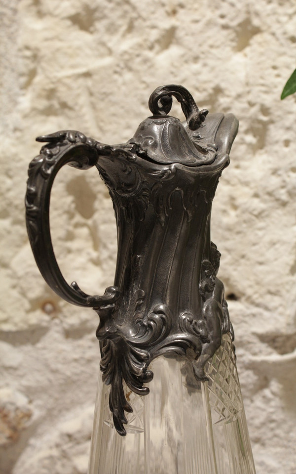 Cut crystal ewer and putti pewter mount circa 1900