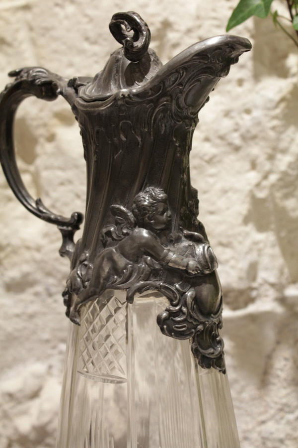Cut crystal ewer and putti pewter mount circa 1900