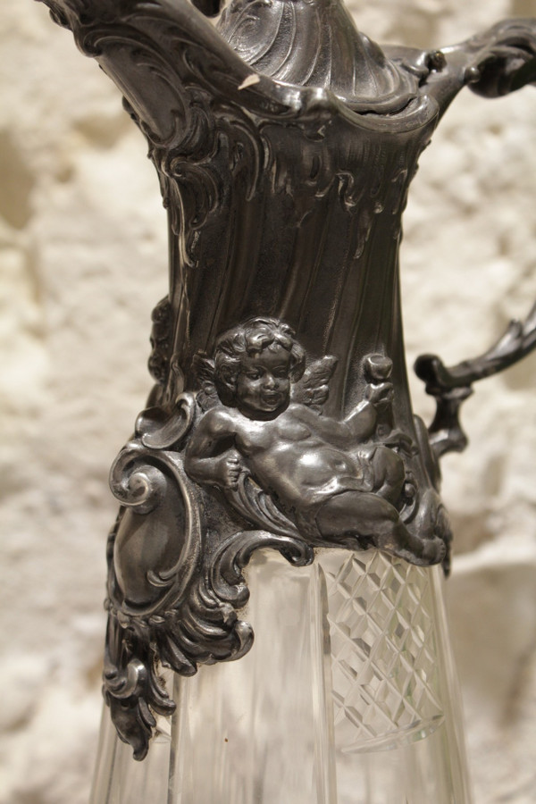 Cut crystal ewer and putti pewter mount circa 1900