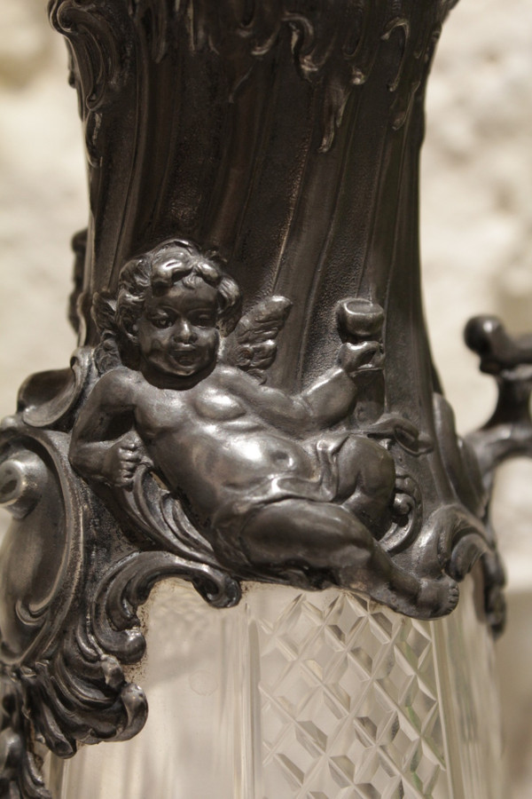 Cut crystal ewer and putti pewter mount circa 1900