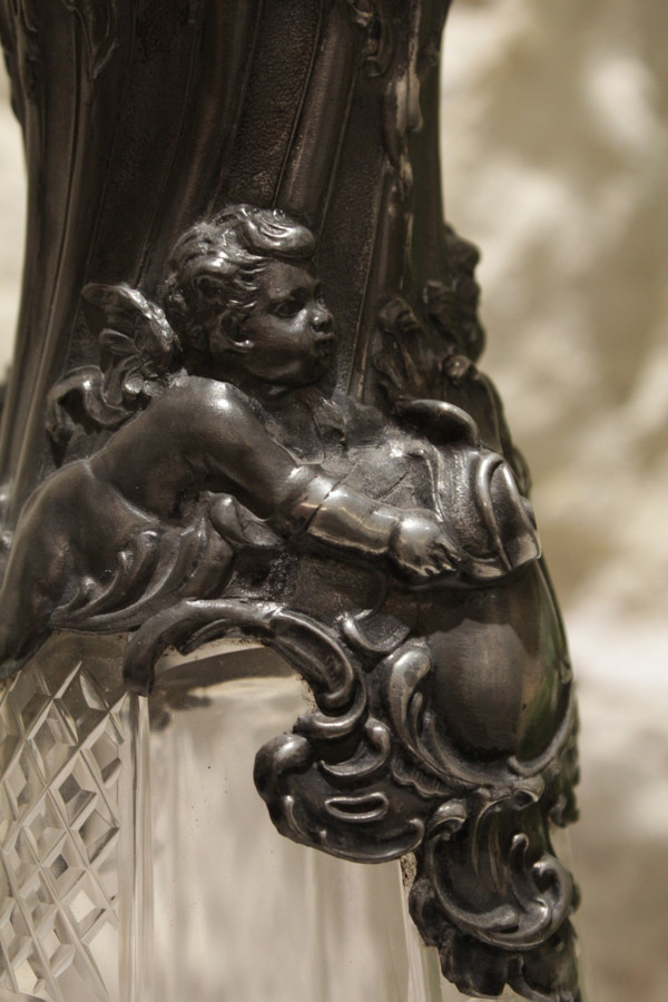 Cut crystal ewer and putti pewter mount circa 1900