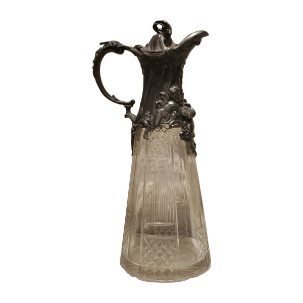 Cut crystal ewer and putti pewter mount circa 1900