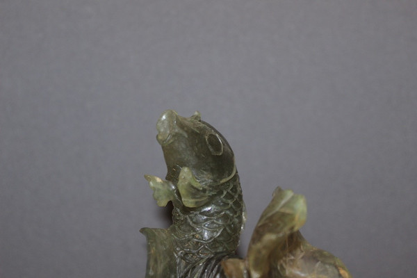 Carpa Koi In Pietra Verde Intagliata Origine Cina XX