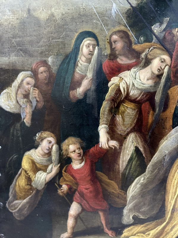 Bedeutendes Öl auf Kupfer, das Kreuz tragend – 17. Jahrhundert