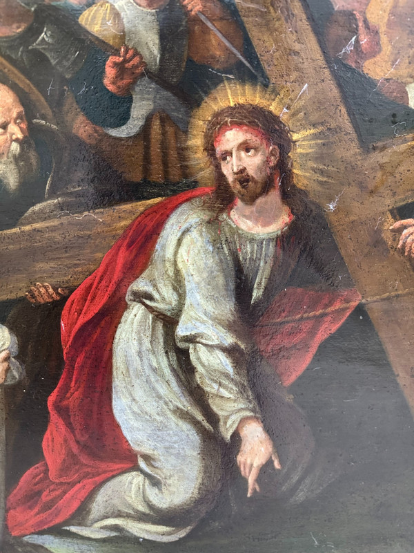 Bedeutendes Öl auf Kupfer, das Kreuz tragend – 17. Jahrhundert