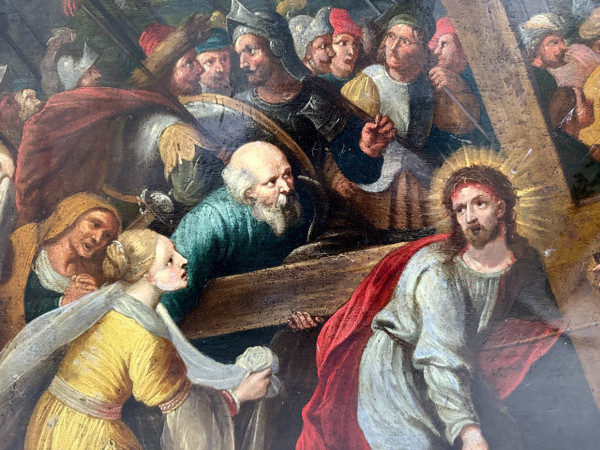 Bedeutendes Öl auf Kupfer, das Kreuz tragend – 17. Jahrhundert