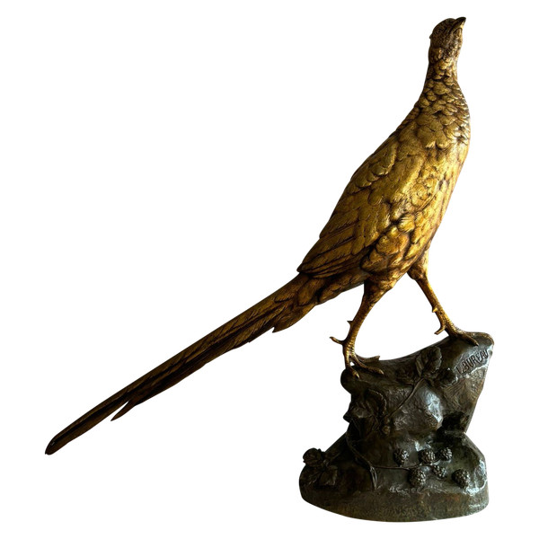 Große Bronzeskulptur „Léon Bureau“ Der Fasan auf einem Felsen.