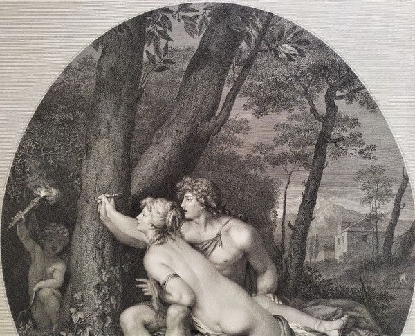  Etching Angelic And Medor Mythological Engraving 18th C Old Print