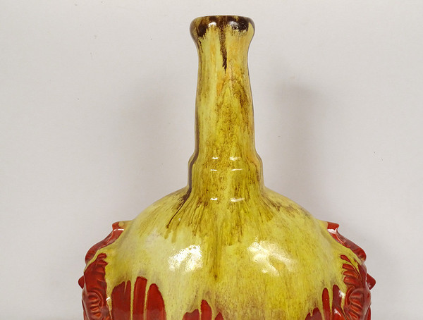 Glazed Earthenware Gourd Vase HB Quimper Mascarons Grotesques 20th Century