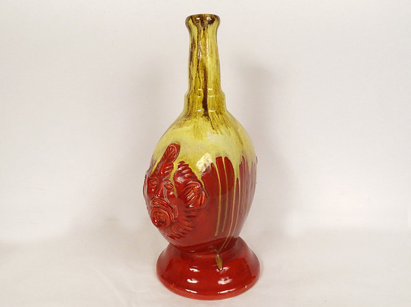 Glazed Earthenware Gourd Vase HB Quimper Mascarons Grotesques 20th Century