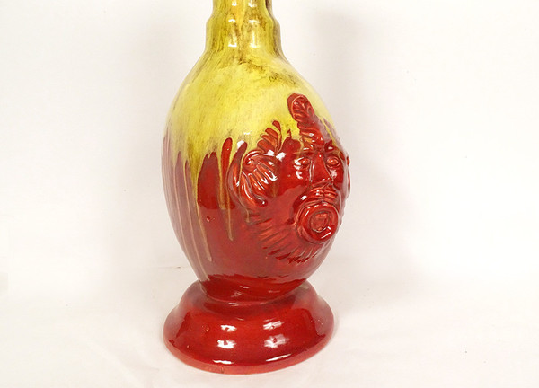 Glazed Earthenware Gourd Vase HB Quimper Mascarons Grotesques 20th Century