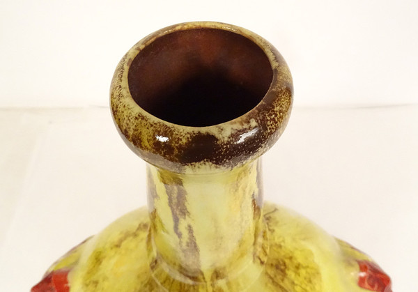 Glazed Earthenware Gourd Vase HB Quimper Mascarons Grotesques 20th Century