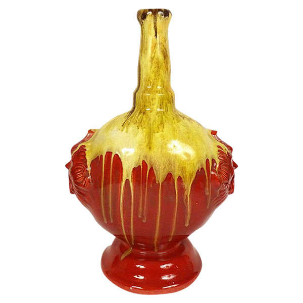 Glazed Earthenware Gourd Vase HB Quimper Mascarons Grotesques 20th Century