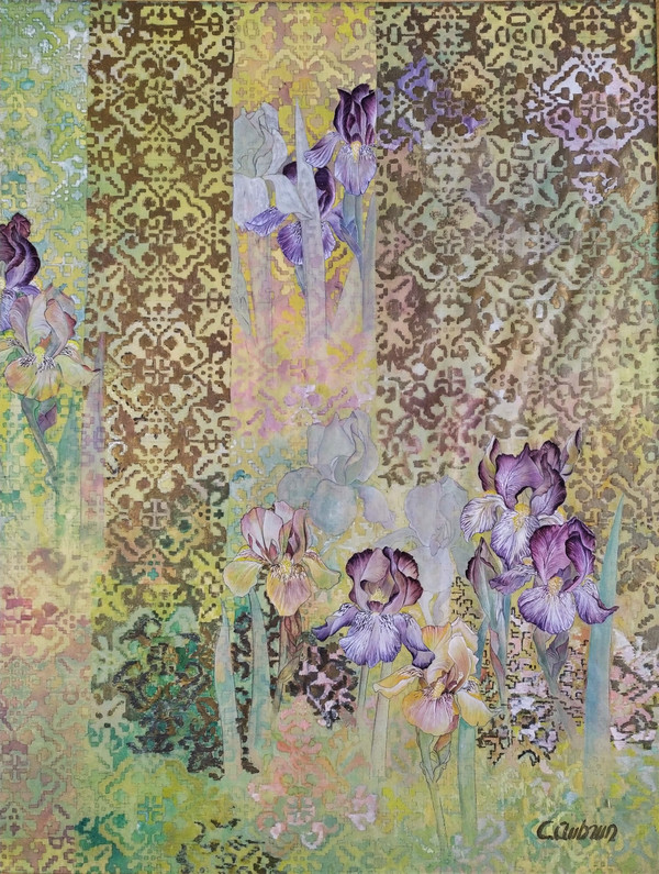 Les Iris Par C. Aubrun Gouache Et Aquarelle XXème