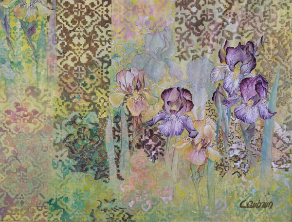 Les Iris Par C. Aubrun Gouache Et Aquarelle XXème