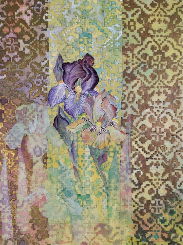 Les Iris Par C. Aubrun Gouache Et Aquarelle XXème