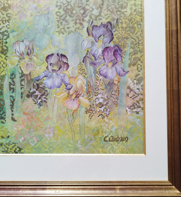 Les Iris Par C. Aubrun Gouache Et Aquarelle XXème