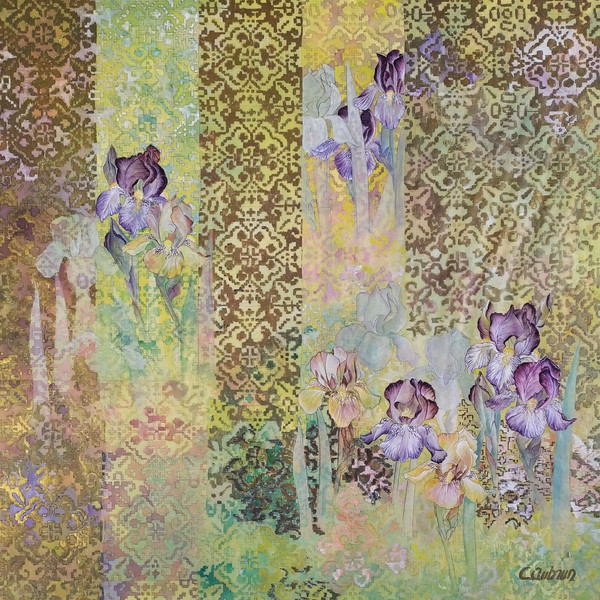 Les Iris Par C. Aubrun Gouache Et Aquarelle XXème