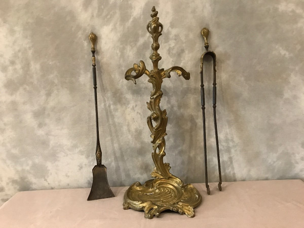 Beautiful large bronze fireplace set from the 19th century in Louis XV style