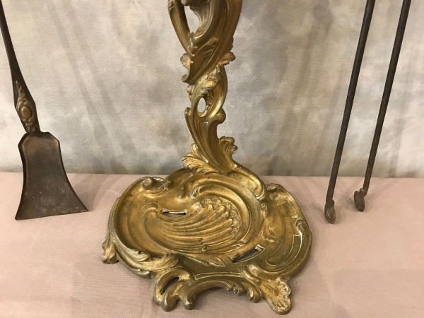 Beautiful large bronze fireplace set from the 19th century in Louis XV style
