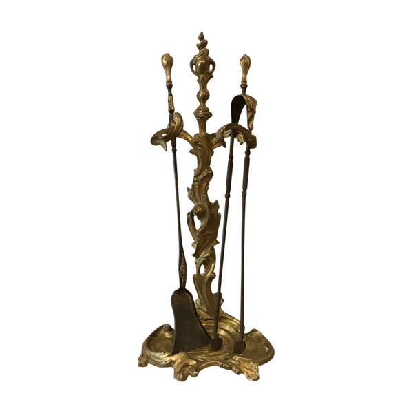 Beautiful large bronze fireplace set from the 19th century in Louis XV style