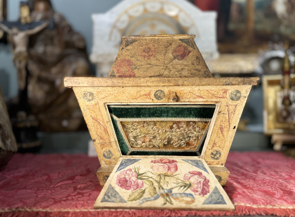 Rare Velvet Reliquary Hunting In Its Wooden Box - 18th Century