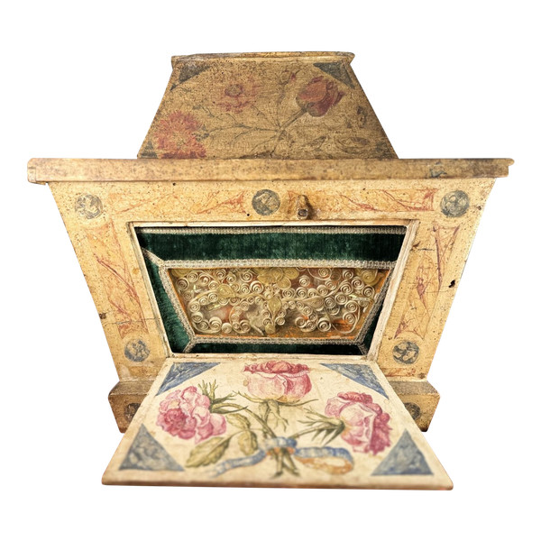 Rare Velvet Reliquary Hunting In Its Wooden Box - 18th Century