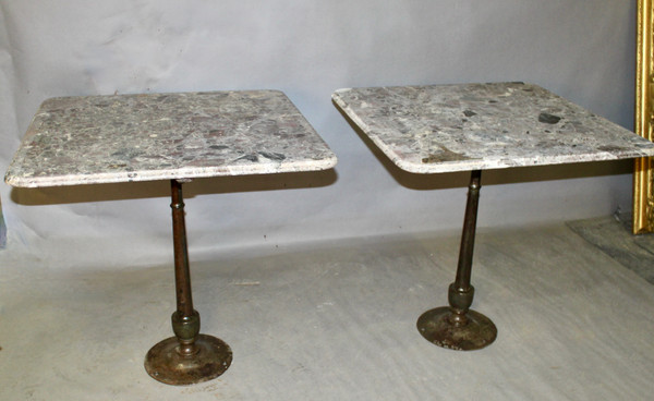 Pair Of Bistro Tables Cast Iron Base Marble Top